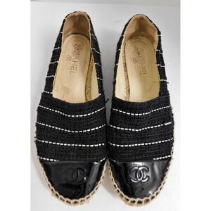 Chanel Black/White Striped Tweed Patent CC Cap Toe Espadrille Loafer Flat sz 37